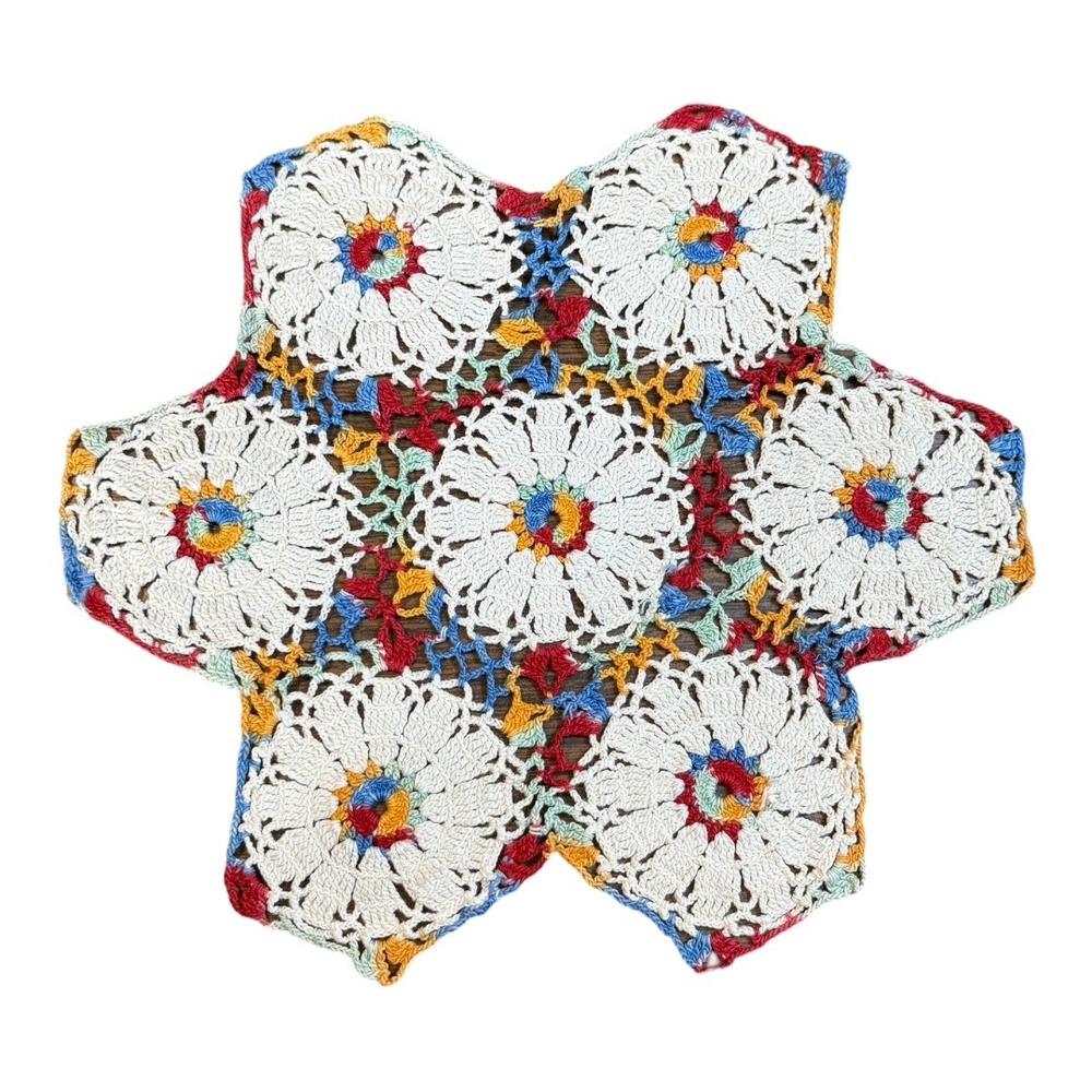 Crochet Doily Table Mat White Multicolor Floral Star Lace Handmade Cottagecore